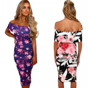 Fashion Off Shoulder Floral Bodycon Midi Night Club Dress