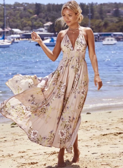 V Neck Sleeveless Backless Floral Printed Maxi Bohemian Dress