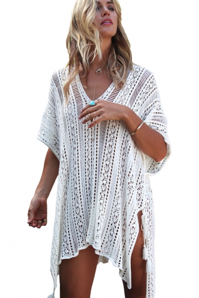 White Crochet Knitted Tassel Tie Kimono Beachwear