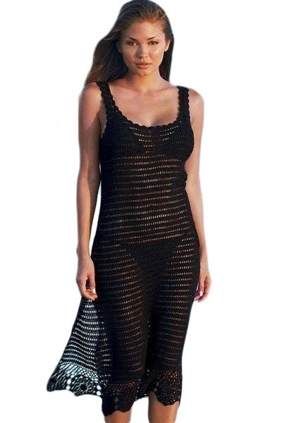 Black Handmade Crochet Split Tank Dress Beachwear