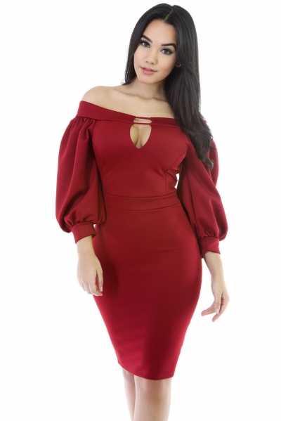 Red Puffs Peep Hole Off Shoulder Midi Bodycon Dress