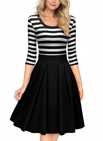 Black White Stripes Scoop Neck Sleeved Casual Swing Dress