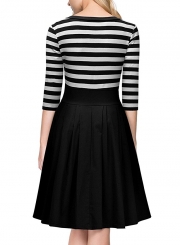 Black White Stripes Scoop Neck Sleeved Casual Swing Dress