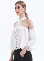 Women's Solid Halterneck off Shoulder Long Sleeve Blouse