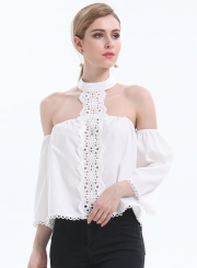 Women's Solid Halterneck off Shoulder Long Sleeve Blouse