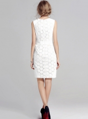 Women's Lace Round Neck Sleeveless White Bodycon Dress