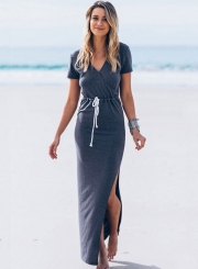 Women's Fashion V Neck Short Sleeve Drawstring Waist Split Maxi Dress