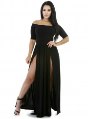 off Shoulder Short Sleeve High Slit Maxi Pleated Dress