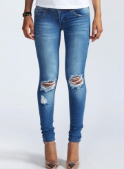 Women's Low Waist Ripped Denim Pencil Pants Jeans