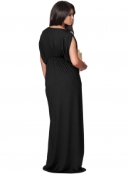 Women's Elegant V Neck Short Sleeve High Waist Maxi Evening Dress