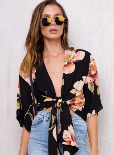 Women's Floral Printed V Neck Short Sleeve Two-Way Blouse