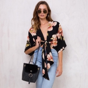 Women's Floral Printed V Neck Short Sleeve Two-Way Blouse