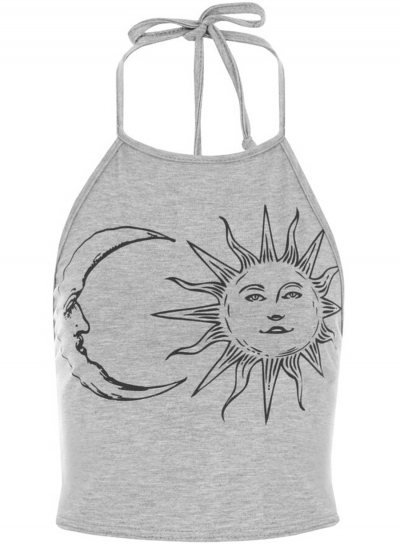 Women's Fashion Sleeveless Sun Moon Print Halter Neck Crop Top zecalaba.com