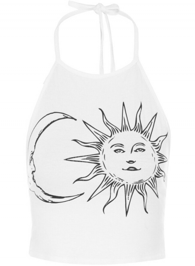 Women's Fashion Sleeveless Sun Moon Print Halter Neck Crop Top zecalaba.com