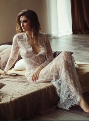 Women's Fashion V Neck Long Sleeve Sheer Lace Maxi Dress