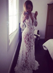 Women's Fashion V Neck Long Sleeve Sheer Lace Maxi Dress