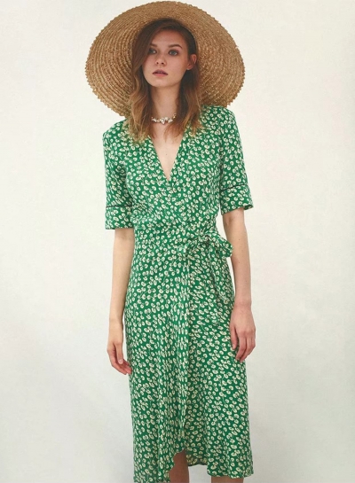 Women's Fashion Wrap V Neck Floral Tie Waist Midi Dress