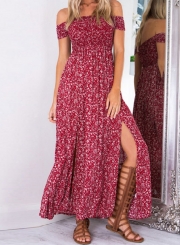 Women's Fashion off Shoulder Boho Floral Print Side Slit Dress