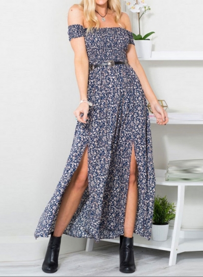 Women's Fashion off Shoulder Boho Floral Print Side Slit Dress zecalaba.com