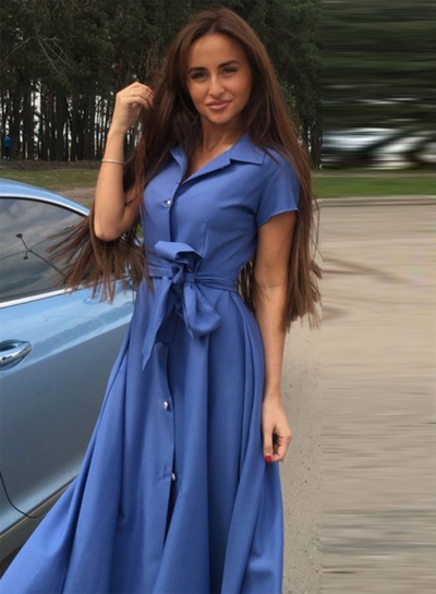 Women's Fashion Short Sleeve Split Mid Shirt Dress with Belt zecalaba.com