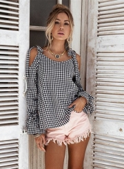 Women's Spaghetti Strap Scoop Neck Long Sleeve Plaid Blouse