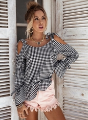 Women's Spaghetti Strap Scoop Neck Long Sleeve Plaid Blouse