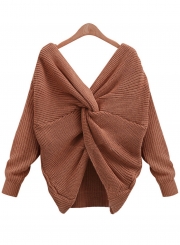 Women's Fashion Tie Deep V Neck Pullover Knitted Sweater