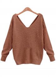 Women's Fashion Tie Deep V Neck Pullover Knitted Sweater