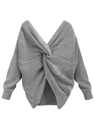 Women's Fashion Tie Deep V Neck Pullover Knitted Sweater zecalaba.com