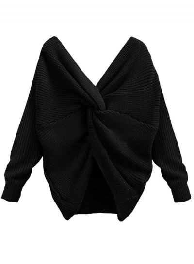 Women's Fashion Tie Deep V Neck Pullover Knitted Sweater zecalaba.com