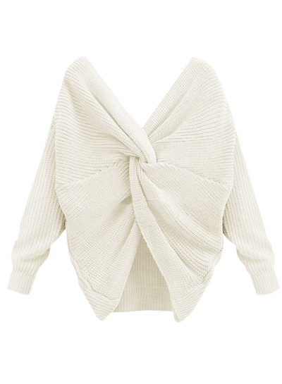 Women's Fashion Tie Deep V Neck Pullover Knitted Sweater zecalaba.com