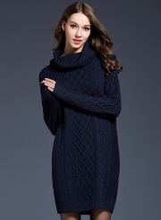 Women's Fashion High Neck Knitted Long Sleeve Pullover Long Sweater