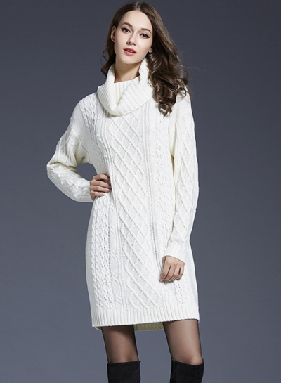 Women's Fashion High Neck Knitted Long Sleeve Pullover Long Sweater zecalaba.com