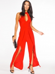 Women's Fashion Halter Choker Sleeveless Hollow Out Slit Jumpsuit