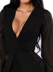 Women's Fashion Deep V Neck Long Sleeve Romper Maxi Dress