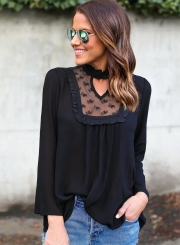 Women's Fashion Solid Long Sleeve Lace Chiffon Blouse