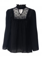 Women's Fashion Solid Long Sleeve Lace Chiffon Blouse