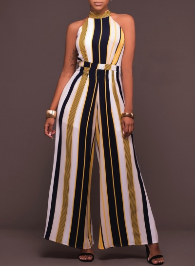 Women's Halter off Shoulder Striped Wide Leg Jumpsuit zecalaba.com