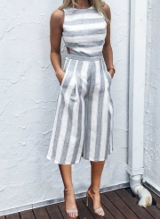 Women's Fashion Sleeveless Striped Backless Strappy Wide Leg Jumpsuit