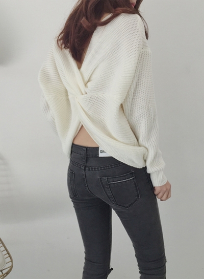 Women's Solid Long Sleeve Back Knot Pullover Sweater zecalaba.com