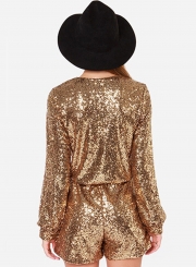 Women's V Neck Long Sleeve Sequin Romper