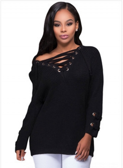 Women's Solid V Neck Lace-up Long Sleeve Pullover Sweater zecalaba.com