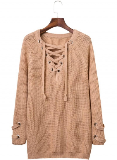 Women's Solid V Neck Lace-up Long Sleeve Pullover Sweater zecalaba.com