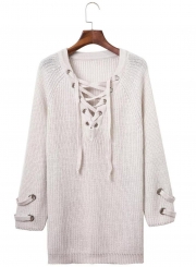 Women's Solid V Neck Lace-up Long Sleeve Pullover Sweater