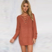 Women's Solid V Neck Lace-up Long Sleeve Pullover Sweater