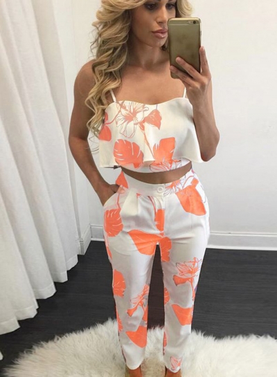 Women's Spaghetti Strap Print Blouse Pants Set zecalaba.com