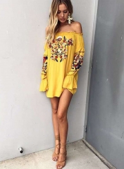 Women's Fashion off Shoulder Long Sleeve Floral Embroidery Mini Dress