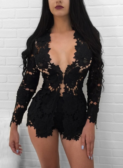 Women's Floral Lace Long Sleeve Blouse Shorts Set zecalaba.com