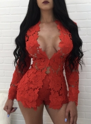 Women's Floral Lace Long Sleeve Blouse Shorts Set