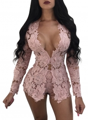 Women's Floral Lace Long Sleeve Blouse Shorts Set